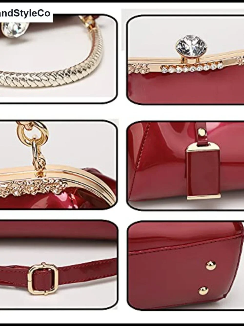 Patent Leather Top Handle Satchel Bag with Crystal Buckle Evening Tote Shoulder